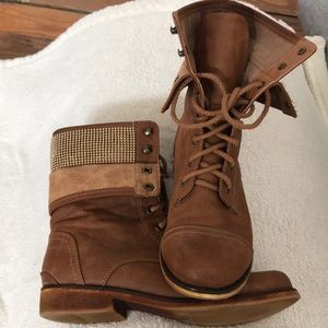 Tan/Camel combat boots worn two ways, embellished